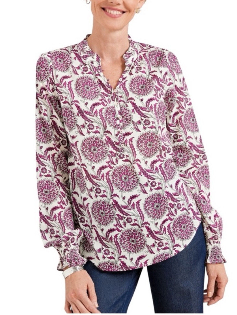 Talbots Block Print Cotton Chrysanthemum Trellis Ruffle Popover Blouse Sz. M